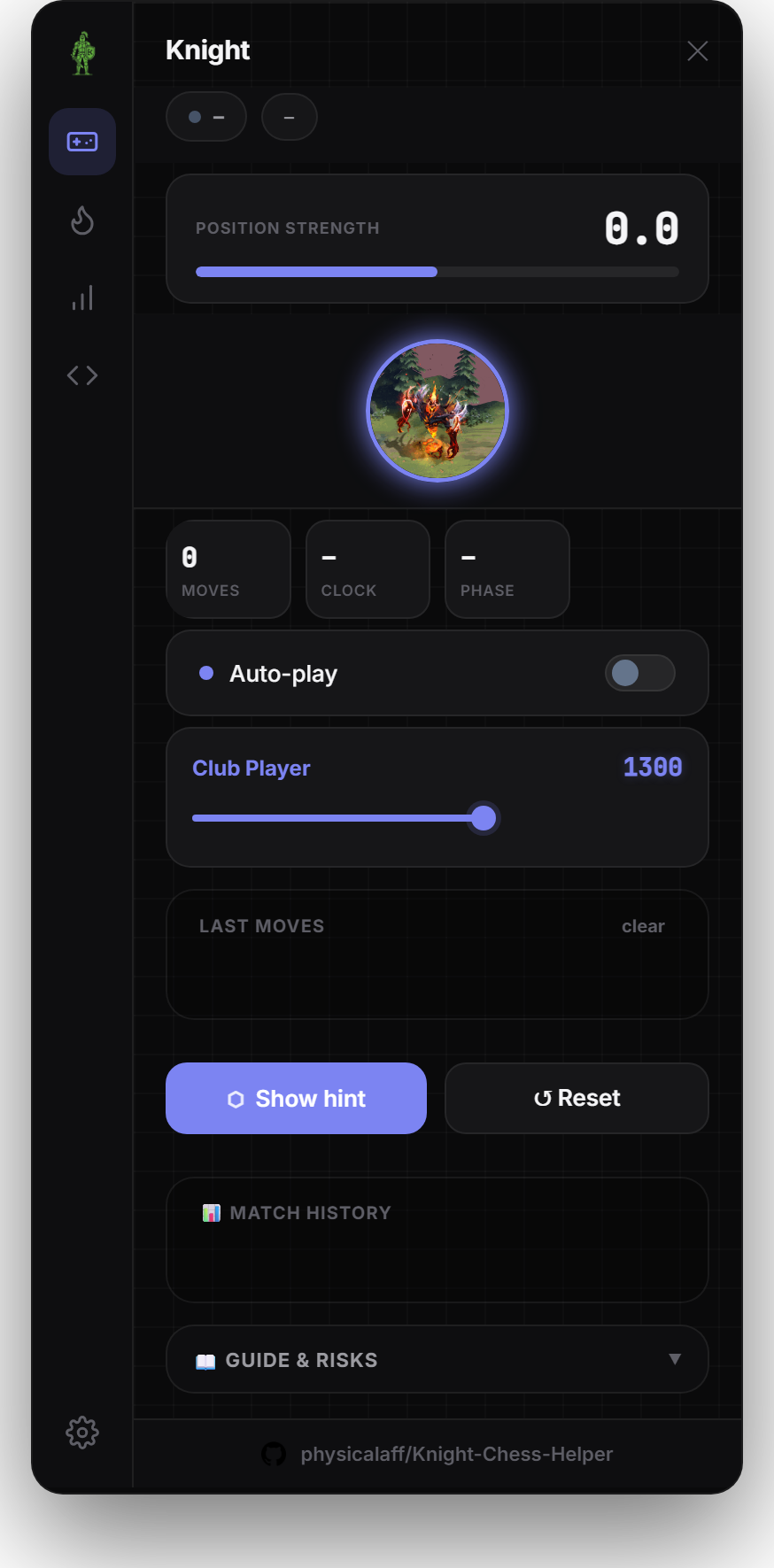 Knight panel inside Chess.com showing position strength, auto-play, ELO and best-move hint controls