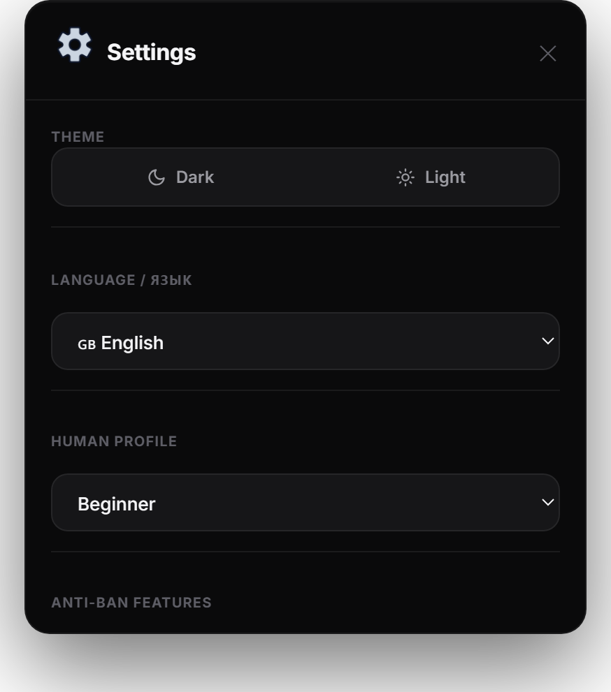 Knight settings panel with theme, language and profile options